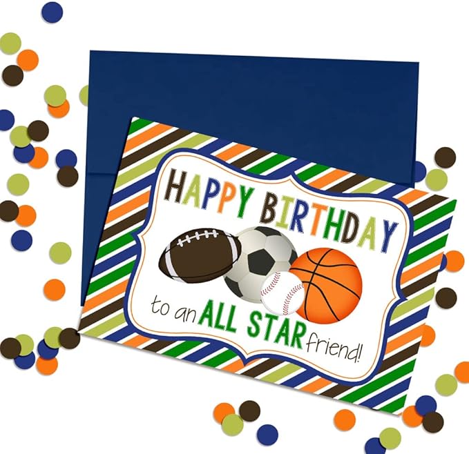 All Star Friend Sports Birthday Pun Themed Single (1) All Occasion Blank Birthday Card To Send To Friends & Family, 4"x 6" (when folded) Fill In Greeting Note Card by AmandaCreation