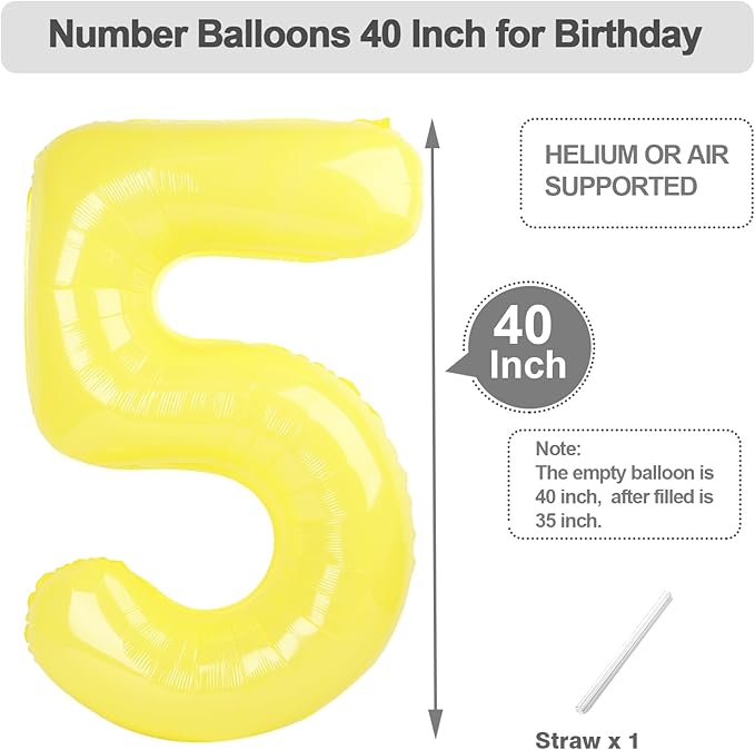 Numbers 5 Balloon 40 Inch, 5Year Anniversary Decorations, Yellow Numbers Balloon for 5, 15, 25, 50 Birthday Party Decoration, Anniversary, Wedding, Single Supplies