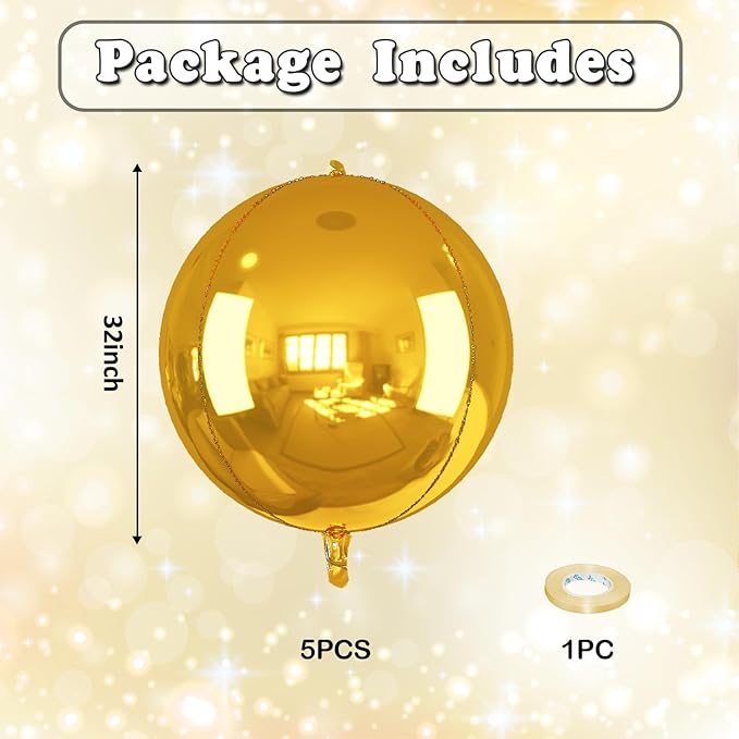 Gold Round Foil Balloons 32 Inch 5 Pcs 4D Ball Balloons Metallic Golden Balloon Ornament Mylar Balloon Chrome for Birthday Graduation Wedding Anniversary New Year Disco Party Decorations