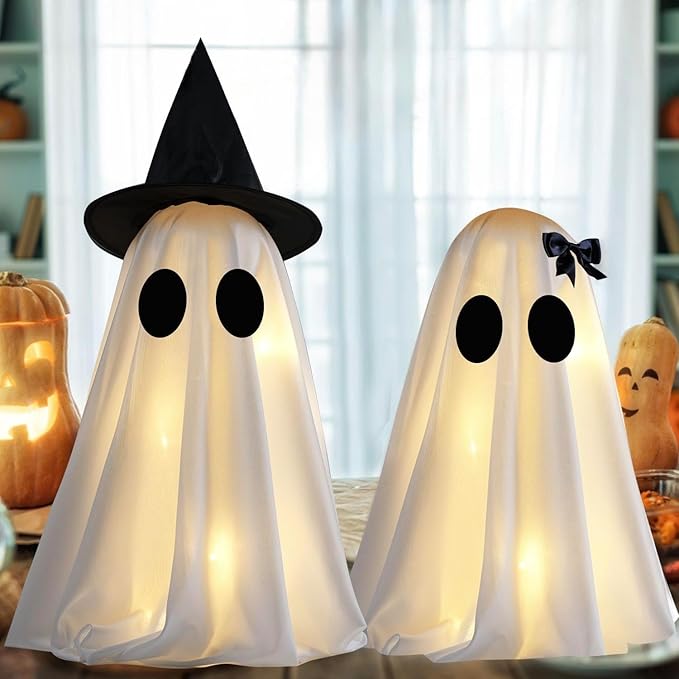 [Timer] Light Up Halloween Scary Ghost Decorations, Set of 2 DIY Spooky Crafts for Indoor Home Mantel Shelf & Tabletop Decor White
