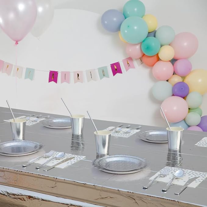 201-piece disposable party tableware set with paper plates, cups, napkins, straws, tablecloths, plastic knives, forks and spoons for a variety of party occasions for up to 25 people (Silver Star)