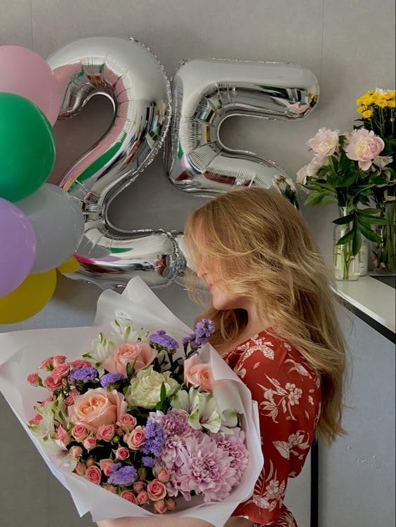 25 Balloon Number, Silver Number 25th Birthday Balloons 40 Inch, 25 or 52 Years Old Silver Birthday Decorations for Men Women, 25th Anniversary Decorations