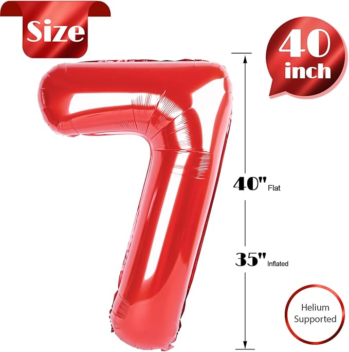 Red Number 7 Balloon 40 Inch, 7 Balloon Number, 7th Birthday Decorations, Red Party Supplies for Boys Girls