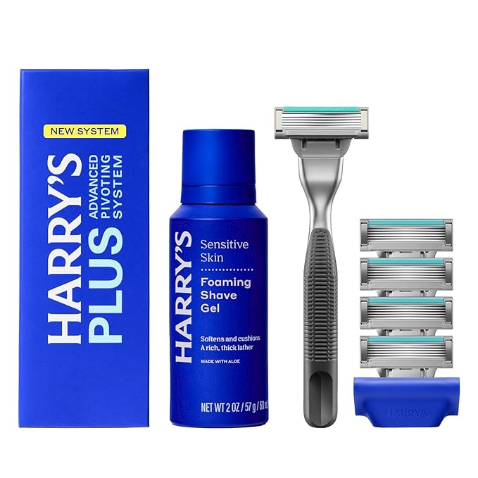 Harry's Plus Shaving Kit for Men - Premium Handle, 5 Razor Blade Cartridges, 2 oz Foaming Shave Gel, and Travel Blade Cover - TSA Approved Travel Essentials - Advanced Pivoting System - Onyx