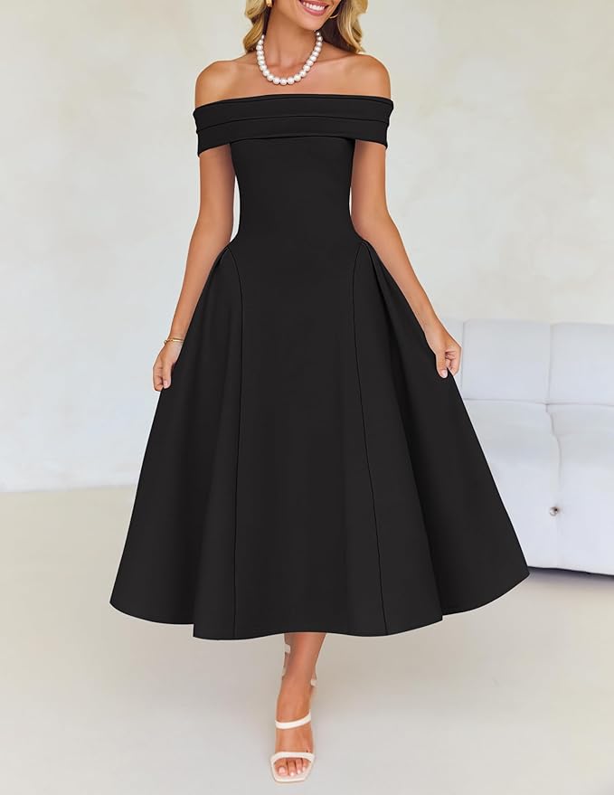 ZESICA Summer 2026 Cocktail Dresses for Women's Off Shoulder Short Sleeve Swing A Line Wedding Evening Party Midi Dress