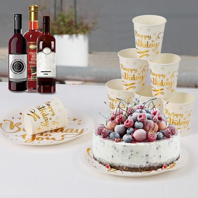 201 Pieces Birthday Plate Set, Birthday Decorations, Includes Paper Plates, Paper Cups, Straws, Napkins, Tablecloths, and Plastic Knives, Forks, and Spoons, Suitable for parties of 25 people!（White）