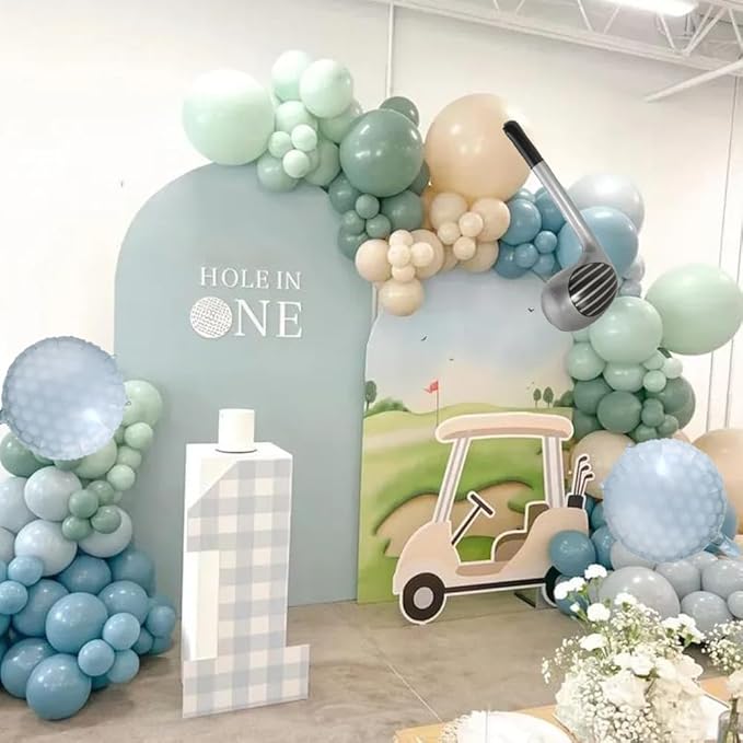 Hole in One Balloon Garland Arch 125Pcs Golf Party Decorstions Sage Green Dusty Blue Balloons with Golf Club Foil Balloon for Golf-Themed Party Decorations Baby Shower Supplies