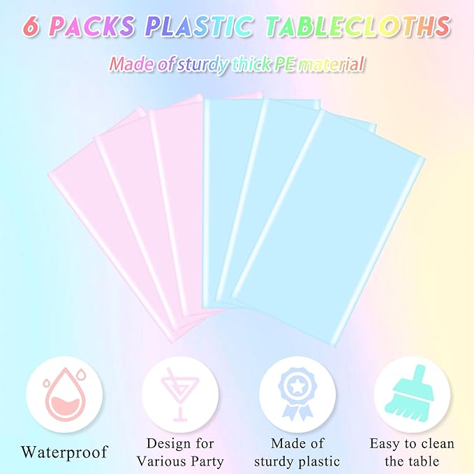 mwellewm 6 Packs Gender Reveal Table Cloths, Disposable Plastic Pink and Blue Tablecloth Rectangle Pastel Table Covers Decoration for Boy or Girl Baby Shower Birthday Party Unicorn Princess Ice Cream