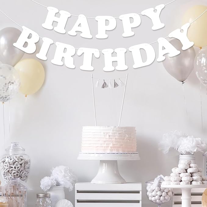 White Happy Birthday Banner Sign Birthday Backdrop Party Supplies for Kids Boys Girls Birthday Party Decorations