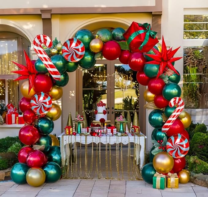 Christmas Party Decorations Include Forest green Red Gold Balloon & Candy Cane Lollipop 4D square and foil strips Balloons for 2026 New Year friendsmas Xmas Holidays Party Decorations