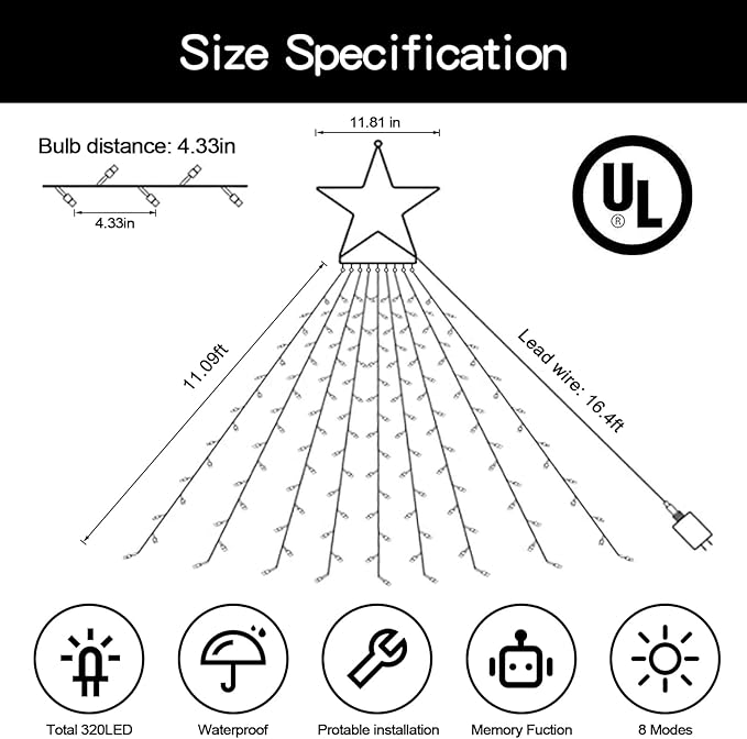 Christmas String Lights Outdoor Decoration 9 Strands 11ft 317 LED Star Fairy String Lights 8 Modes & Waterproof for Party Wedding Patio Yard New Year Holiday Indoor Outdoor - Multicolor