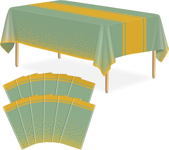 12 Pack Sage Green and Gold Tablecloth Party Decorations Plastic Sage Green Tablecloth Printed Gold Table Runner 54 x108 Inch Disposable Rectangle Table Cover for Birthday Wedding Graduation