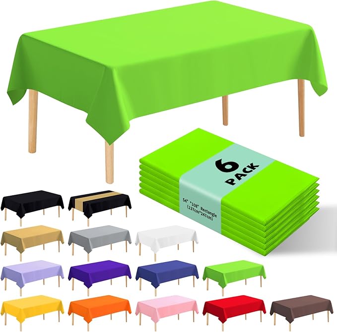 6 Pack Premium Disposable Plastic Tablecloth 54" x 108" Party Table Cloths Disposable for 6 to 8 Foot Tables Indoor or Outdoor Birthdays Weddings Christmas Anniversary Buffet Table (Green)