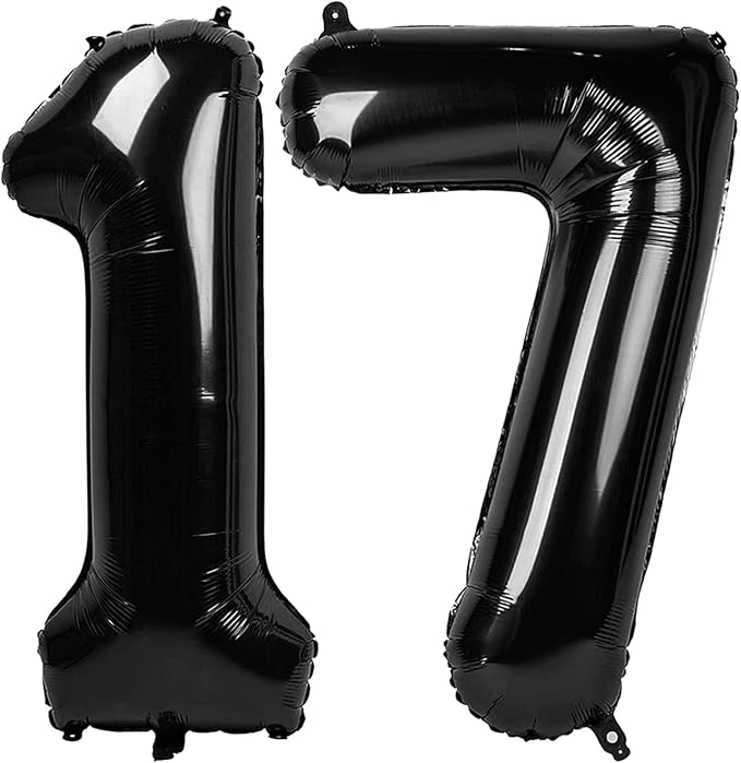 Black Number 17 Balloon 40 inch, 17 Number Balloons, 17th Black Birthday Decorations, 17 Year Old Girls Boys Party Supplies