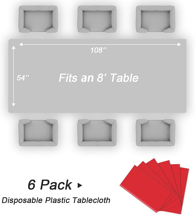 QIKSION Red Plastic Table Cloth Disposable 6 Pack, 54 x 108 Inch Tablecloths for Valentines, Mothers Day, Birthday Party, Christmas Decorations, Rectangle Table Cover