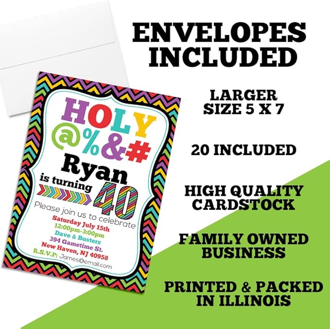 Custom Birthday Invitations 40th Birthday Invitation 20 5x7 Custom 40 Party Invitation Cards With Envelopes - Unique 40th Party Invitations Hilarious Holy &*$% Theme