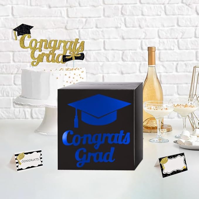 Graduation Card Box Holder, Congrats Grad Foldable Cardboard Decorations Box for Graduation Party Decoration and Grad Parties (Black-blue)