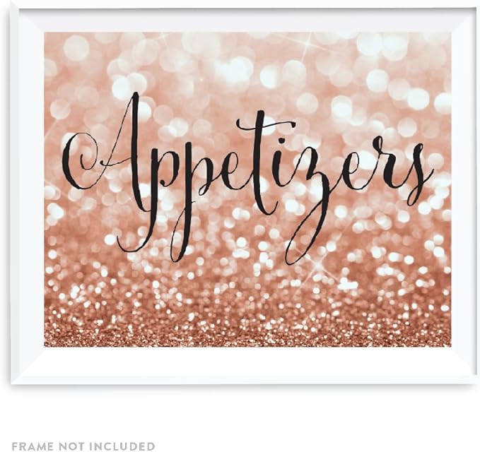 Andaz Press Wedding Party Signs, Glitzy Rose Gold Glitter, 8.5x11-inch, Appetizers Table Sign, 1-Pack, Bokeh Colored Party Supplies