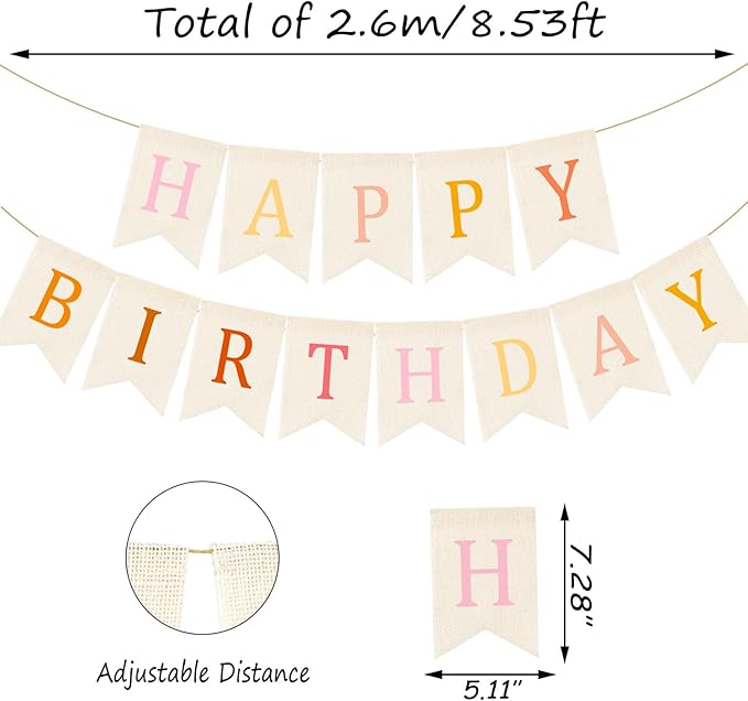 Doumeny Happy Birthday Burlap Banner Boho Birthday Bunting Garland Pink Bohemian Sign Flag White Birthday Hanging Banner Pastel Rainbow Party Decor for Home Mantel Fireplace Nursery Party Backdrop