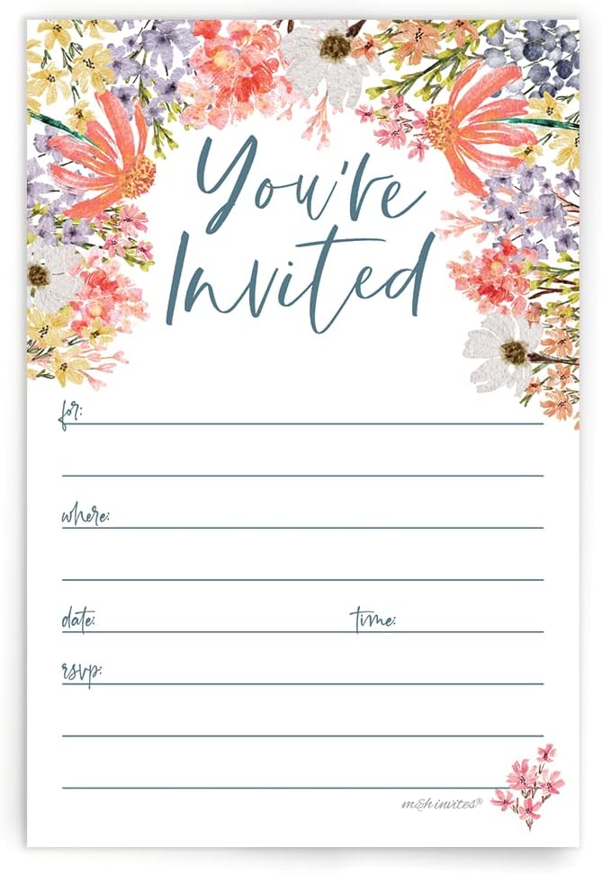 m&h invites Wildflower Invitations With Envelopes (20 Count) - Floral Boho Garden Theme For Bridal Shower, 1st Birthday, Adult Birthday, Brunch or Baby Shower