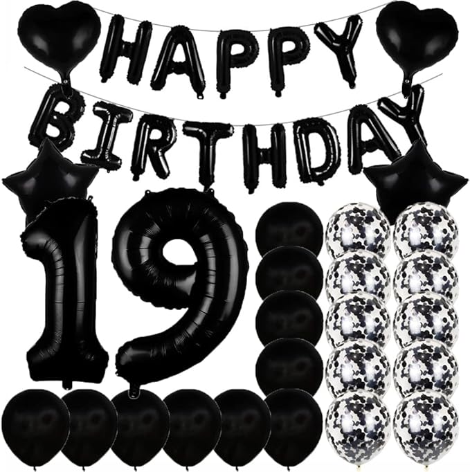 Sweet 19th Birthday Decorations Party Supplies,Black Number 19 Balloons,19th Foil Mylar Balloons Latex Balloon Decoration,Great 19th Birthday for Girls,Women,Men,Photo Props