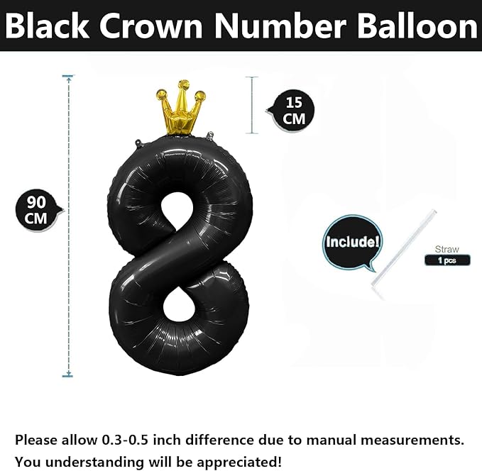 Black Number 8 Balloon with Crown, 40 inch Black Number Balloon 8th Birthday Party Decoration black Crown Balloons 0-9 for Birthday Party Anniversary Decorations Supplies