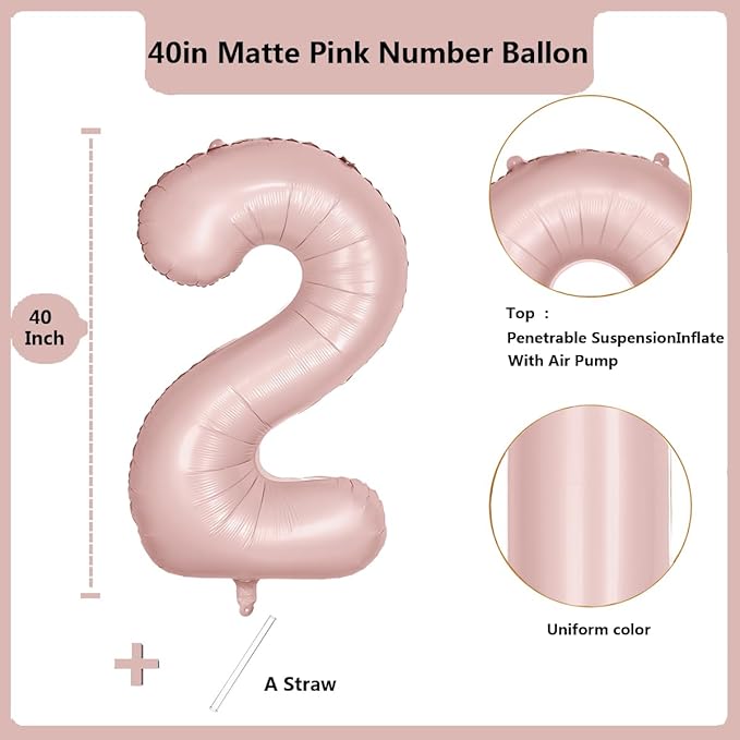 40 inch Pink Number Balloon Light Pink 2 Balloon Matte Pink Number 2 Balloon for 2nd Birthday Party Decorations
