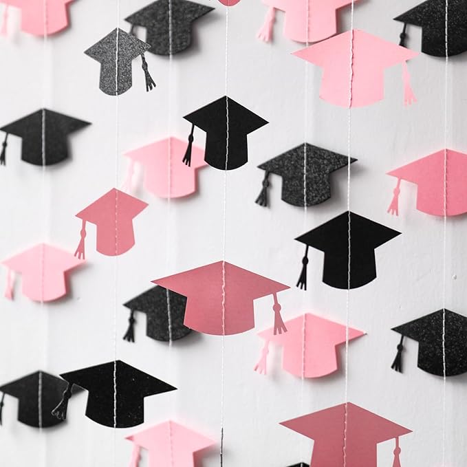 Black and Pink Graduation Garland Graduation Party Decorations Class of 2026 Grad Cap Garland Banner Streamers for Grad Party Hanging Decorations 39Feet
