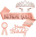 Birthday Decorations for Women – Includes Birthday Sash, Safety Pin, Tiara, Cake Topper, and Button – Queen Sash & Crown for Women and Girls MS4U (Gold Rose)