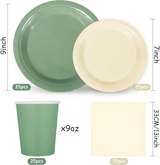 Whaline 100Pcs Ivory Sage Green Tableware Set Wedding Disposable Dinnerware 50Pcs Paper Plates 25Pcs Napkin 25Pcs Cups For Birthday Party Supplies Table Decor