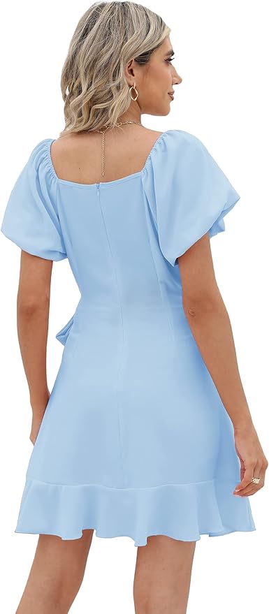 Sampeel Womens Summer Dresses Square Neck Puff Sleeve Tie Waist Short Dress