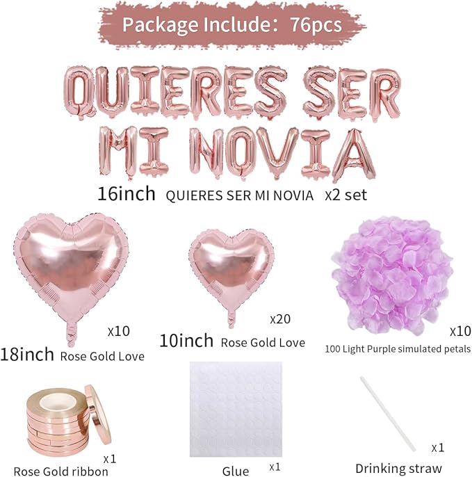 2 Set 16 Inch QUIERES SER MI NOVIA Balloons, Rose Gold Will You Be My Girlfriend Letter Balloons Spanish with 200pcs Artificial Rose Petals for Valentines Anniversary Day Banner Decorations