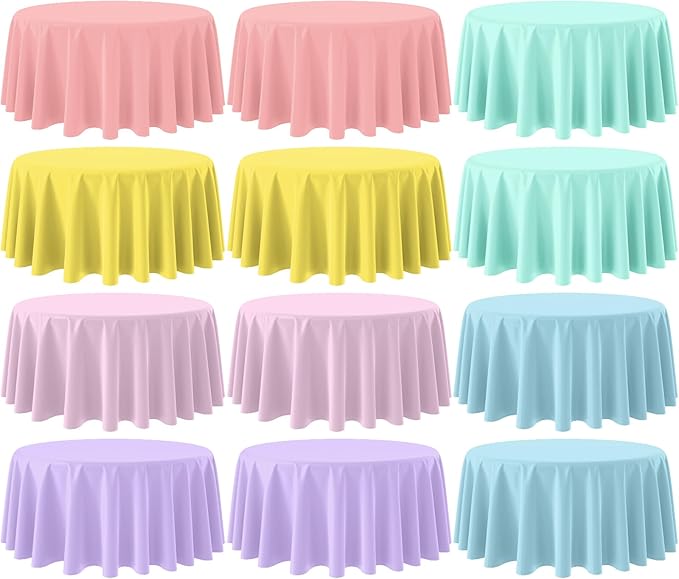 12Pcs 84 Inch Round Pastel Tablecloths, Rainbow Mix Color Plastic Tablecloth Disposable Round Table Covers for Baby Shower,Bridal,Wedding, Easter,Birthday and Ice Cream Party Decoration