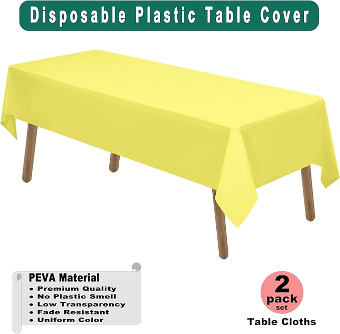 Light Yellow Plastic Tablecloths 2 Pack Disposable Table Covers 54 x 108 Inch Bridal Shower Party Tablecovers PEVA Table Cloths for BBQ Picnic Birthday Wedding Parties and 8 ft Rectangle Table Use