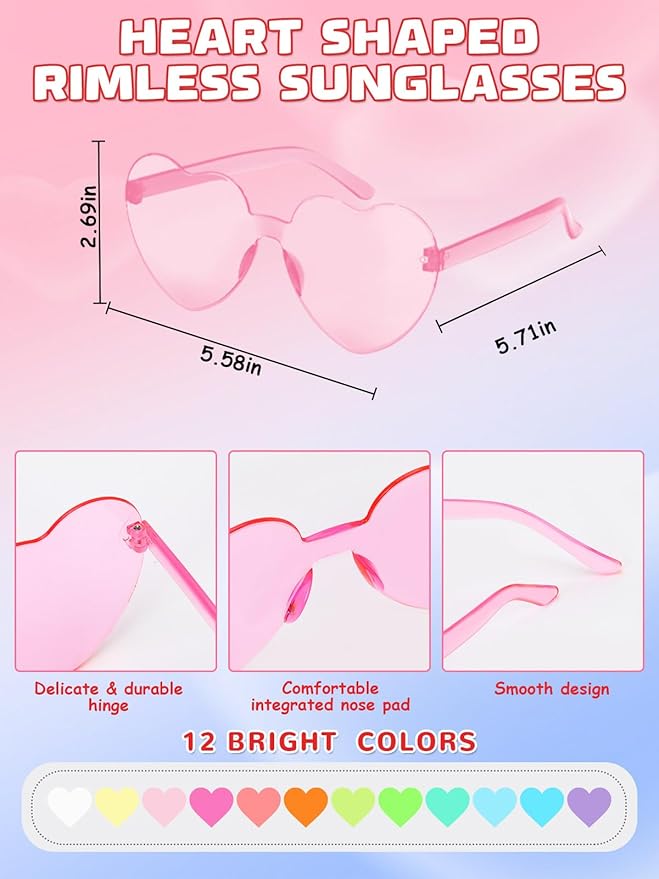 12 Pairs Heart Shaped Sunglasses Rimless Star Glasses for Men Women Party Favors Fun Colorful Glasses Accessories