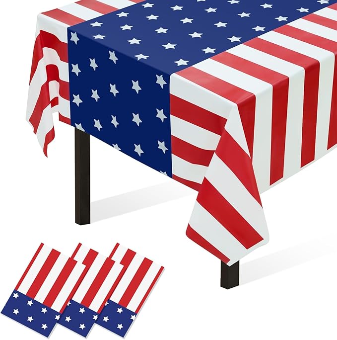 Childom 3 Pack Patriotic Tablecloths 4th of July Decorations,Disposable Plastic Tablecloths 54"x108",Patriotic Themed Party Table Cloth for Kids Birthday Party Supplies,Outside,Picnic,Camping,Memorial