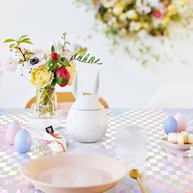 2 Pack White and Iridescent Checkered Tablecloth Shiny Disposable Holographic Foil Table Cloth Plastic Laser Rectangle Table Cover for Picnic Birthday Party Race Car Tablecloth