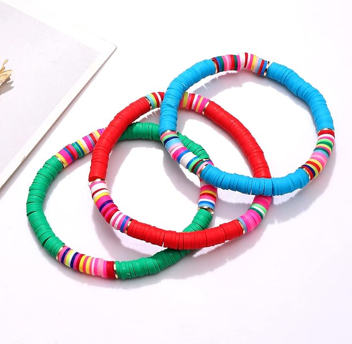 Surfer Heishi Bracelets for Women Stackable Rainbow Vinyl Disc Clay Beaded Stretch Bracelets Elastic Layering Friendship Bracelets Boho Summer Beach Jewelry