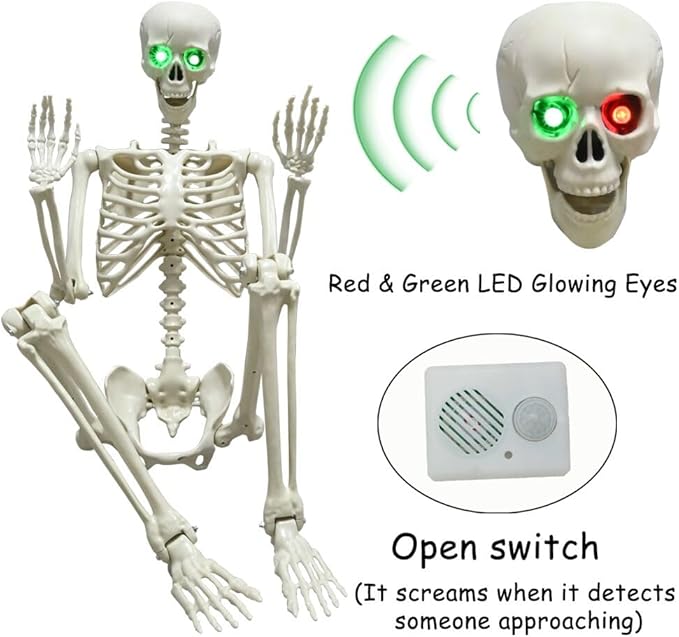 WODMAZ 5.4Ft Halloween Skeleton, Full Size Posable Skeleton with Glowing Eyes Creepy Sound, Full Body Life Size Skeleton and 2 Arm Stakes for Halloween Indoor Outdoor Haunted House Decorations