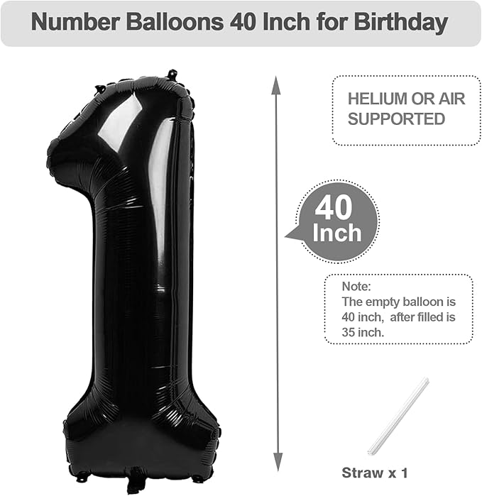 Number Balloons 40 Inch Black 1 Balloons for First Birthday Party Decoration, Foil Number One 1st Ballon for 1, 10, 11, 12, 18, 100 Celebration, Boy and Girl Birthday, Baby Shower, Anniversary Decor