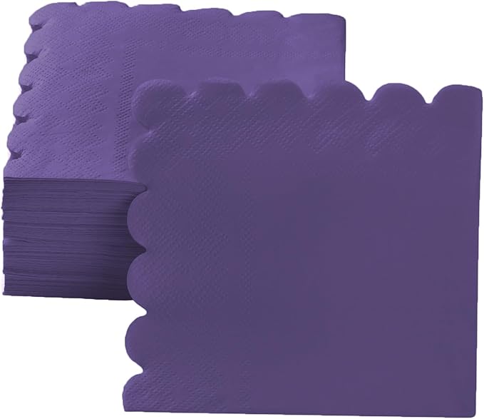 100 Pack Cocktail Napkin 2-Ply Scalloped Edged Dessert Napkins Folded 5 x 5 Inches Disposable Napkins for Dinner Wedding Birthday Party Bridal Anniversary Reception Event (Dark Purple)