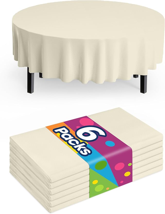 Pureegg Plastic Table Cloth Disposable 6 Pack, 84'' Round Table Cloths, Party, Wedding, Thanksgiving Decorations, Fall Tablecloths, Round, Beige Plastic Cover, Waterproof, Cream, Ivory