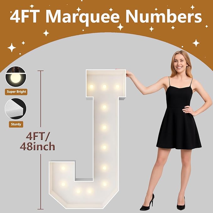 4FT Marquee Light Up Letters, Large Marquee Letters, Pre-cut Foam Board Letter J for Engagement Wedding Decorations Birthday Party Backdrop Decor, Balloon Arch Kit