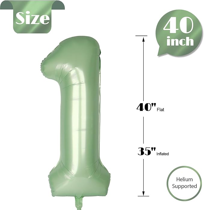Sage Green Number 1 Balloon for First Birthday 40 Inch, 1st One Number Balloons Birthday Decorations for Girl Boy Toddler Baby