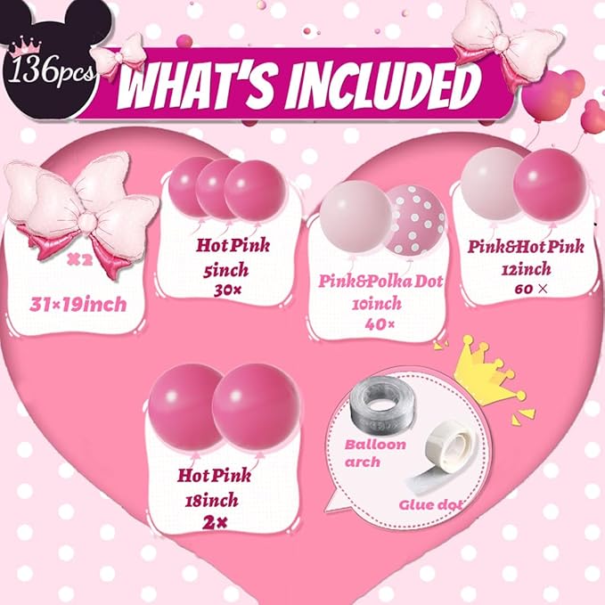 Pink Mouse Balloon Garland Arch, 136Pcs Pink Rose Polka Dots Balloon for Mouse Theme Birthday Girl Baby Shower Decoration