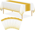 6 Pack White and Gold Tablecloth Party Decorations Plastic White Tablecloth Printed Gold Table Runner 54 x108 Inch Disposable Rectangle Table Cover for Birthday Wedding Graduation