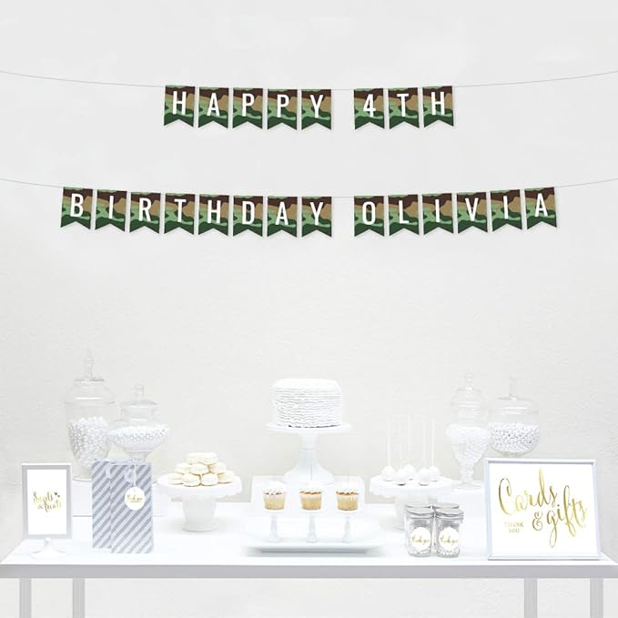 Andaz Press Personalized Hanging Pennant Banner Party Decorations, Camouflage Theme, Happy 4th Birthday Olivia, 1-Pack, Approx. 5-Feet, Custom Name and Number