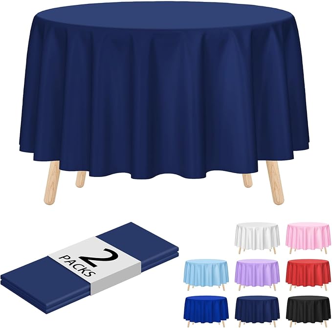Kopokita 2 Pack Navy Blue Round Disposable Plastic Tablecloths 84 inch Party Table Covers
