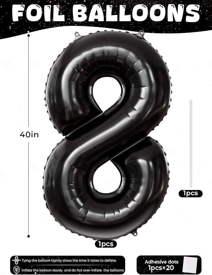 Black Number 8 Balloons – 40 Inch Giant Foil Number Balloon, Black Number Balloon for Men Women Boys Girls Birthday Graduation Anniversary Party Decorations
