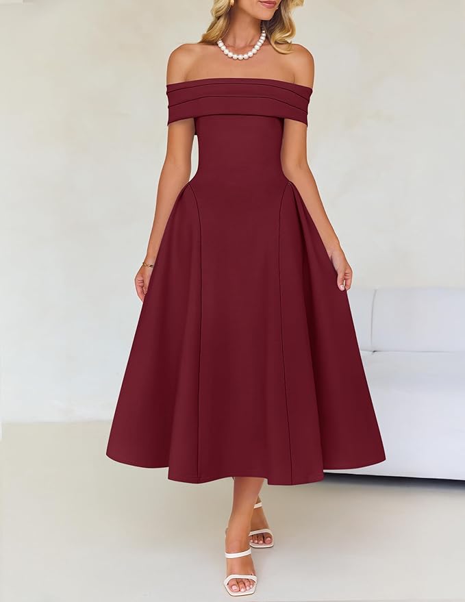 ZESICA Summer 2026 Cocktail Dresses for Women's Off Shoulder Short Sleeve Swing A Line Wedding Evening Party Midi Dress